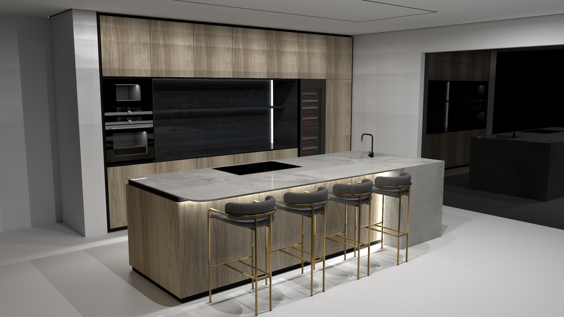 Design render of an oak veneer kitchen with a honed stone island and brass stools