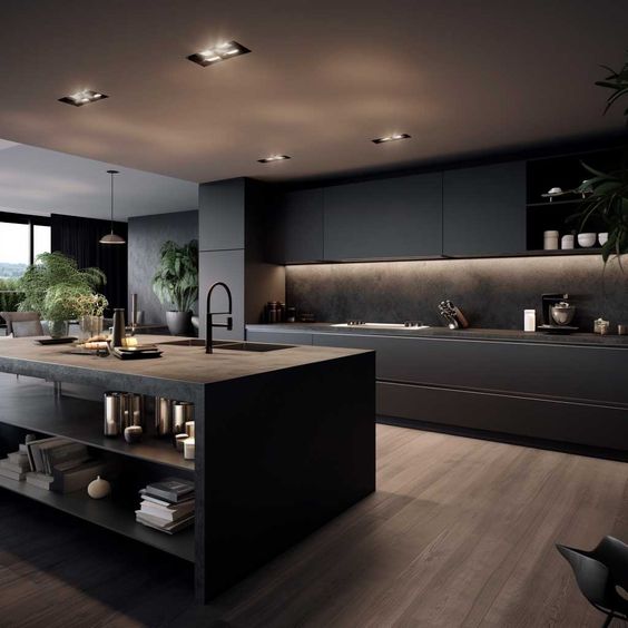 Matte black kitchen with a stone-topped island