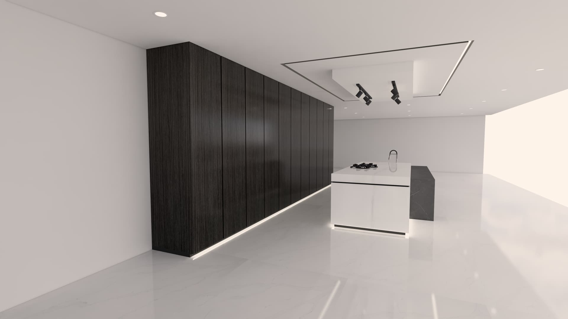 Design render of a charcoal timber wall of tall units facing a compact white island