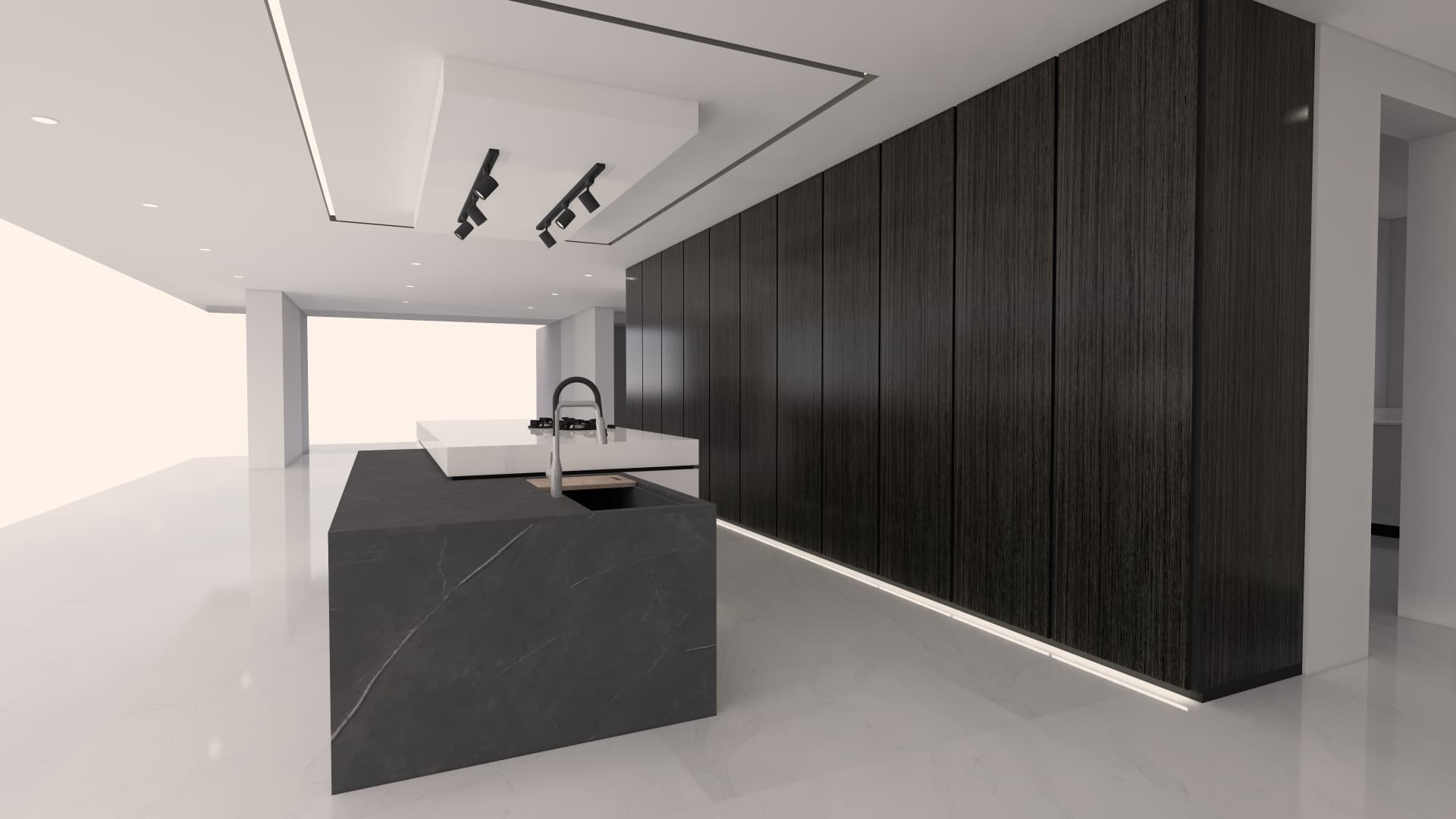 Design render of a charcoal timber run lit by a recessed floor line beside a stone island