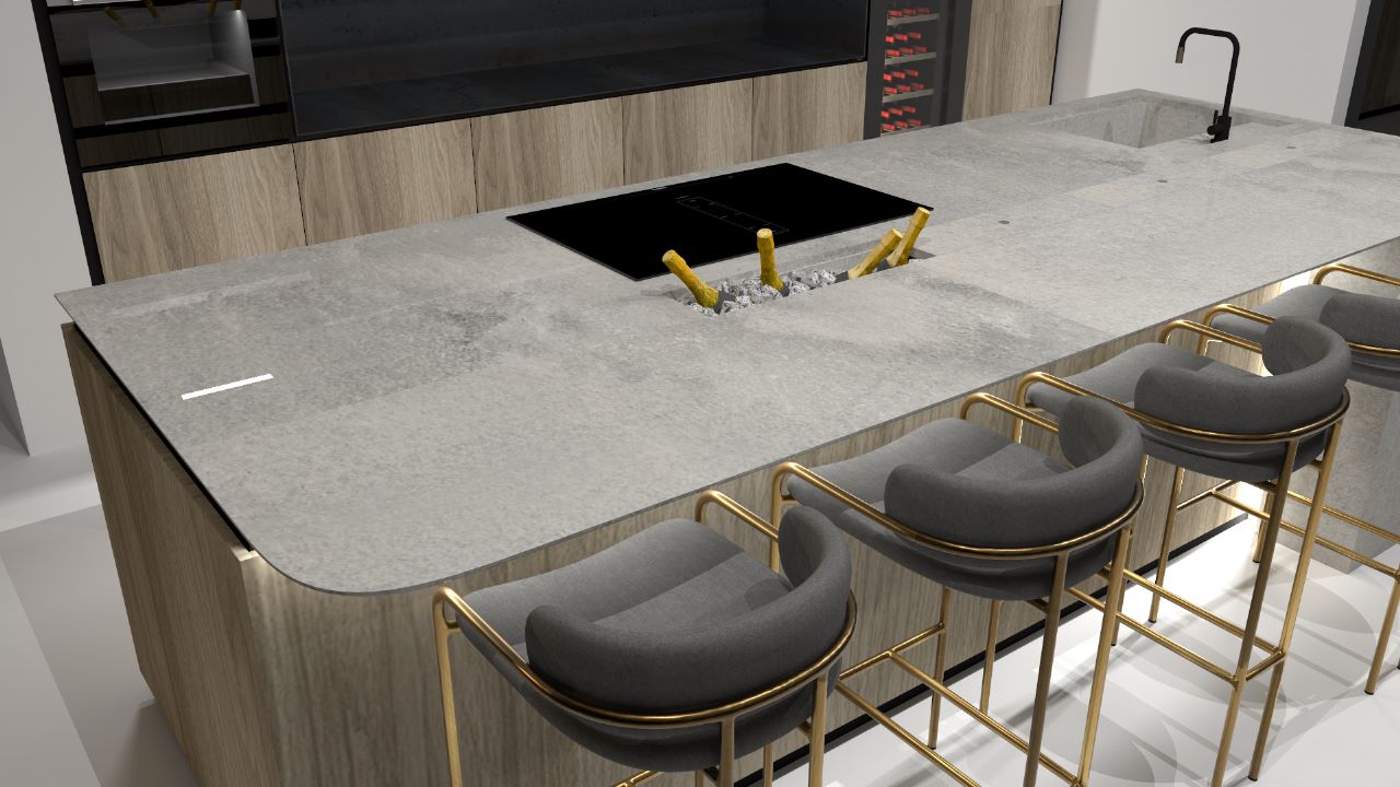 Design render of an oak and stone island with brass framed stools and a recessed wine store