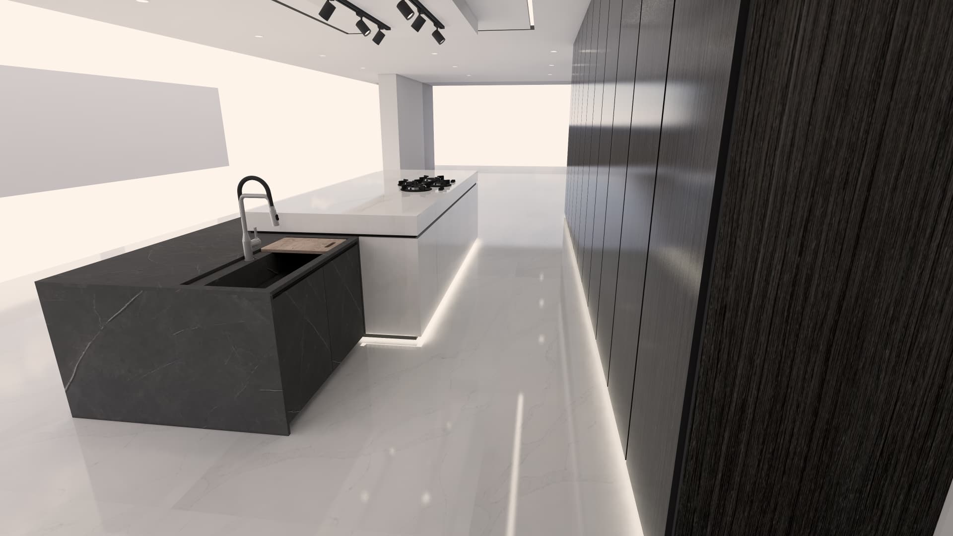 Design render looking along a charcoal kitchen island with an integrated dark stone sink