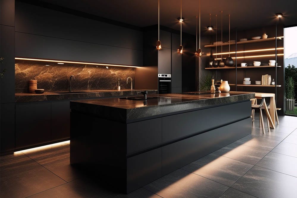 Dark kitchen with a backlit marble splashback
