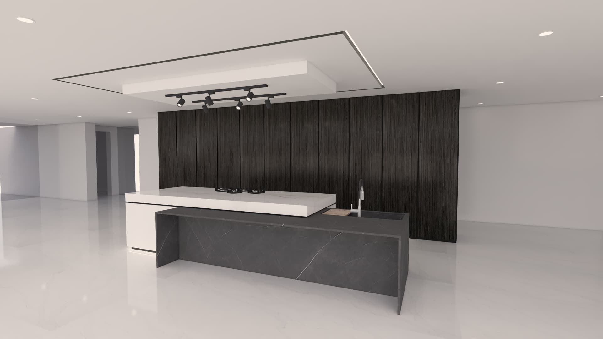 Design render of a charcoal timber kitchen wall with a white and dark stone twin island