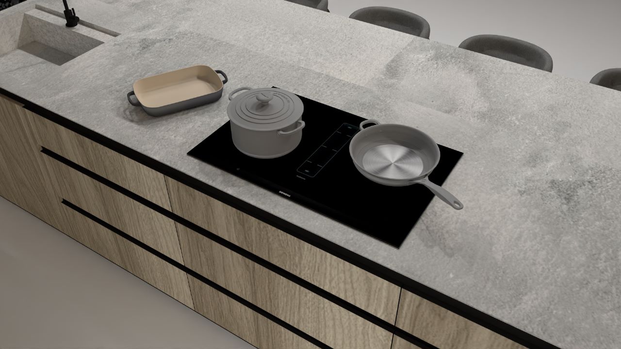 Design render of an oak island with a flush induction hob set into honed stone