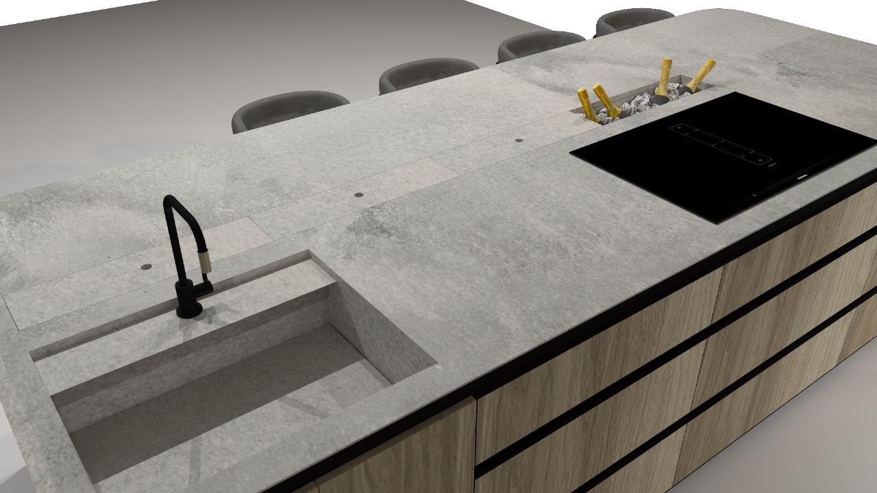 Design render of an oak and stone island with an integrated stone sink and drainer grooves
